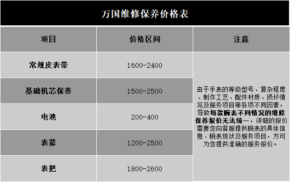 万国手表维修保养价格明细